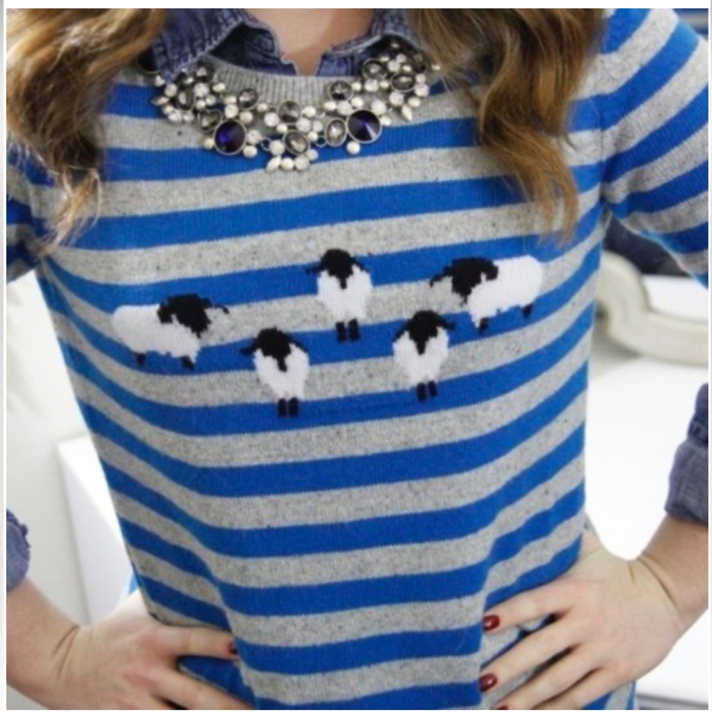 EUC Talbots Petite Grey & Blue Striped Sheep Intarsia Crew Neckline Sweater - Picture 3 of 13